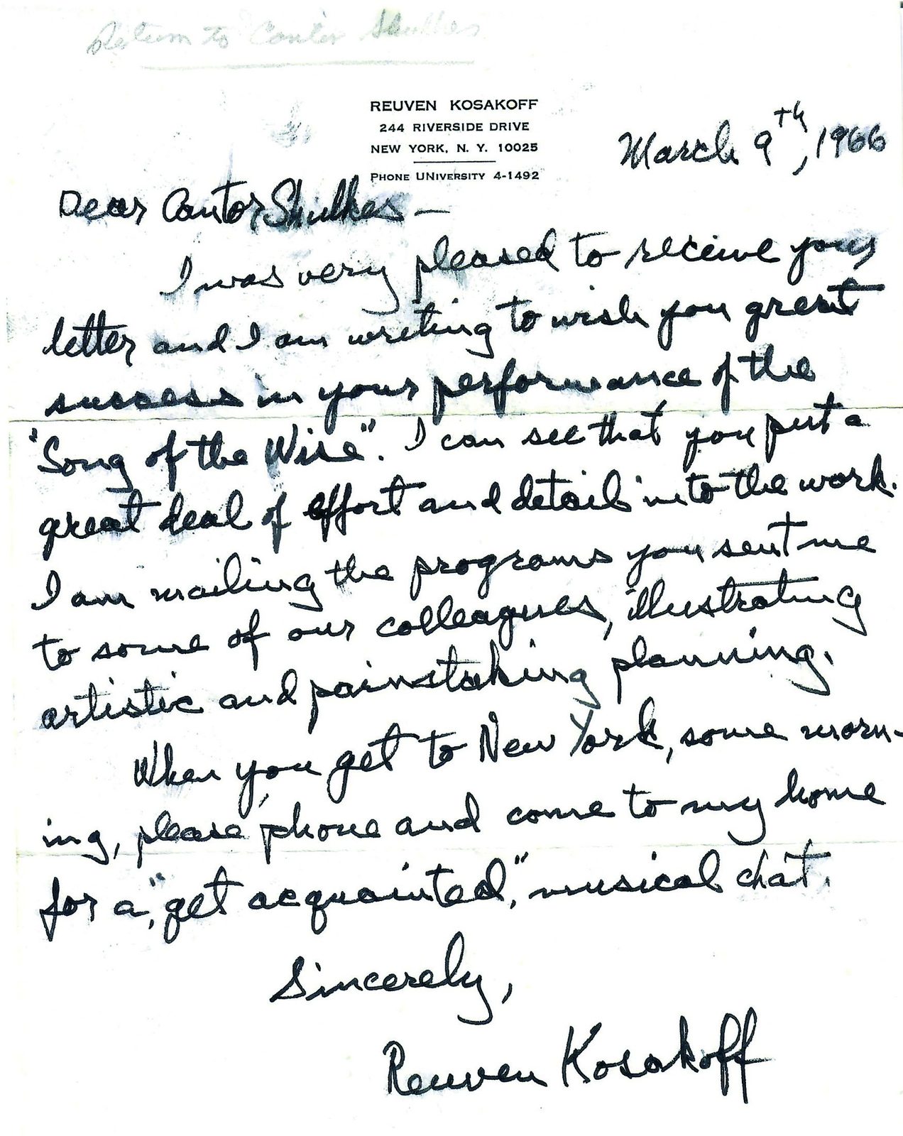 Letter from Reuven Kosakoff, Composer of “Song of the Wise”