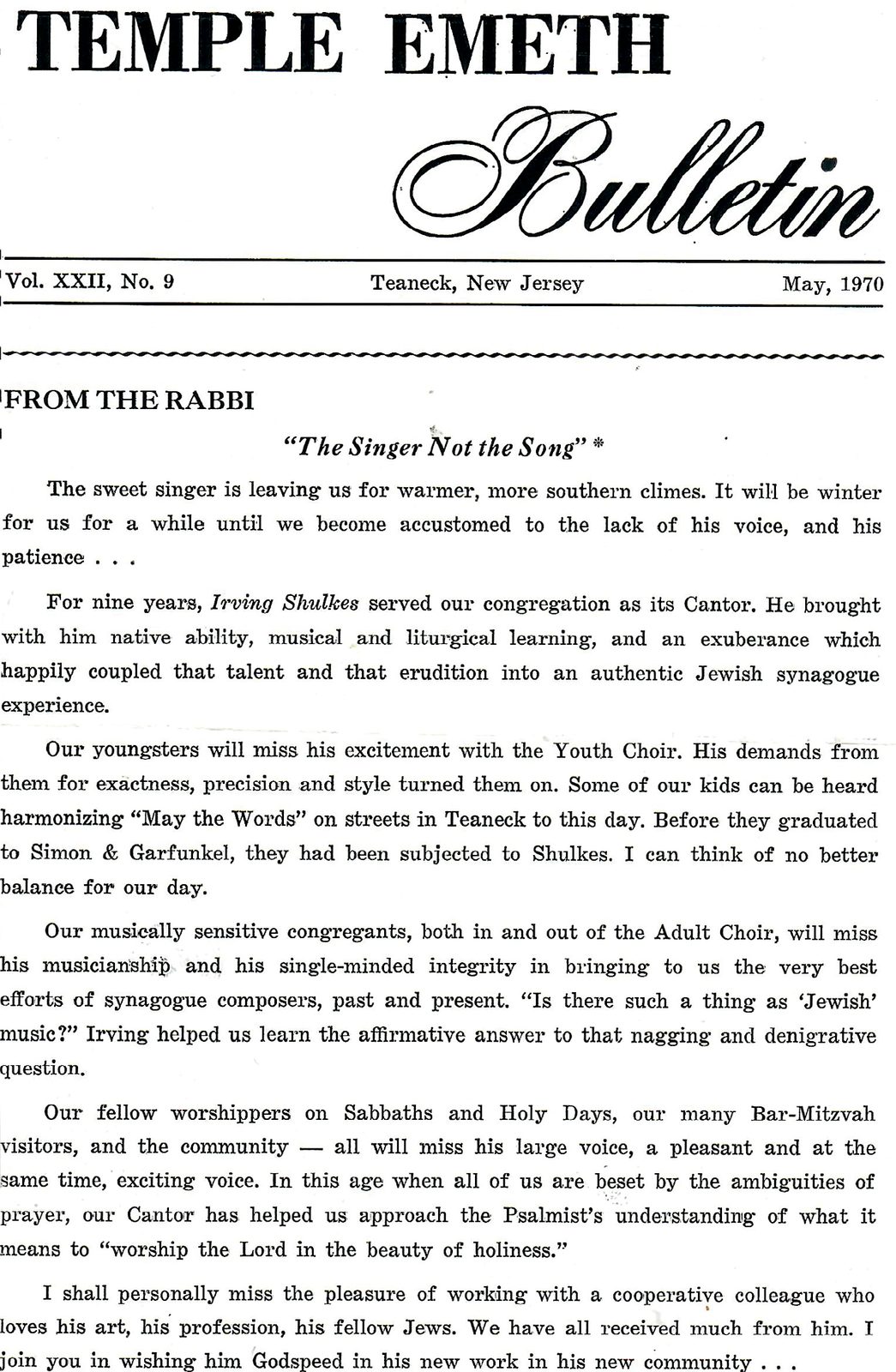 Rabbi Louis Sigel’s Temple Emeth Bulletin article from May 1970